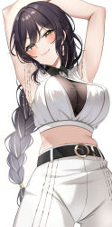Rule 34 | 1girl, armpits, arms up, bare shoulders, belt, black belt, black hair, braid, braided ponytail, breasts, cleavage, closed mouth, commentary request, cowboy shot, crop top, double-parted bangs, earrings, gawawawa, hair between eyes, highres, idolmaster, idolmaster shiny colors, jewelry, large breasts, long hair, looking at viewer, low ponytail, midriff, pants, shirase sakuya, simple background, single hair tube, sleeveless, smile, solo, stomach, white background, white pants, yellow eyes