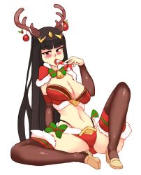 Rule 34 | 1girl, alternate costume, antlers, bell, black hair, black thighhighs, blunt bangs, blush, breasts, brown eyes, candy, candy cane, capelet, christmas ornaments, commentary, crop top, detached sleeves, english commentary, fire emblem, food, full body, fur-trimmed capelet, fur-trimmed legwear, fur trim, horns, large breasts, long hair, looking at viewer, navel, neck bell, nintendo, panty straps, red capelet, rtil, sexually suggestive, simple background, sitting, solo, spread legs, tharja (fire emblem), tharja (winter) (fire emblem), thighhighs, tongue, tongue out, uncensored, very long hair, white background