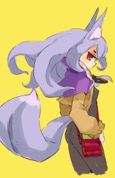 Rule 34 | 1girl, animal ears, ass, bag, bodysuit, book, cowboy shot, female focus, fox ears, fox tail, from side, magic, mota, original, purple hair, red eyes, satchel, simple background, sketch, solo, tail, yellow background