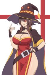 Rule 34 | 1girl, aged up, alternate breast size, belt buckle, black cape, black choker, breasts, brown hair, buckle, button eyes, buttons, cape, cero rains, choker, cleavage, dress, eyepatch, gloves, hat, highres, kono subarashii sekai ni shukufuku wo!, large breasts, long hair, megumin, oversized belt, red dress, red eyes, short hair, short hair with long locks, solo, standing, thick thighs, thighs, wide hips, witch hat, yellow trim