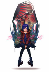 Rule 34 | 1girl, absurdres, arms between legs, black pantyhose, blue dress, blue hair, boots, colored inner hair, commentary request, diamond earrings, dorsiflexion, dress, earrings, featherzer0, full body, highres, hood, hood down, hooded jacket, invisible chair, jacket, jewelry, kamitsubaki studio, long sleeves, looking at viewer, multicolored eyes, multicolored hair, open clothes, open jacket, open mouth, pantyhose, pigeon-toed, pitcher plant, plant, plant request, purple eyes, red eyes, red hair, red jacket, rim (kamitsubaki studio), short dress, short hair, simple background, sitting, solo, song name, straight-on, translation request, venus flytrap, virtual youtuber, white background, yellow pupils