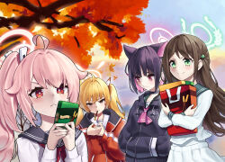 Rule 34 | 4girls, after-school sweets club (blue archive), ahoge, airi (blue archive), animal ears, autumn, autumn leaves, black hair, black jacket, black sailor collar, blonde hair, blue archive, brown hair, cat ears, closed mouth, colored inner hair, food, green eyes, green halo, halo, hands in pocket, highres, hood, hooded jacket, jacket, kazusa (blue archive), leaf, long hair, long sleeves, maple leaf, movcat, multicolored hair, multiple girls, natsu (blue archive), outdoors, pink hair, pink halo, pleated skirt, pocky, pocky day, red eyes, red jacket, sailor collar, school uniform, serafuku, short hair, side ponytail, skirt, smile, twintails, white skirt, yellow eyes, yellow halo, yoshimi (blue archive)