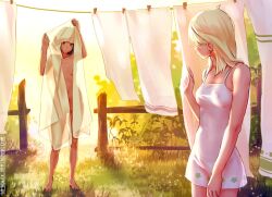 Rule 34 | 2girls, arm at side, arms up, backlighting, black hair, blonde hair, bloom, breasts, clothesline, collarbone, covered erect nipples, covered navel, covering body, dress, feet, fence, flower, full body, grass, hair behind ear, highres, holding, holding towel, iskanderednaksi, leaf, long hair, looking at another, medium breasts, medium hair, multiple girls, nature, navel, nipples, original, outdoors, purple eyes, runes, see-through, see-through dress, see-through silhouette, silhouette, sleeveless, sleeveless dress, small breasts, standing, sunlight, towel, white towel