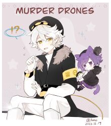 Rule 34 | 1boy, 1girl, animal ears, beanie hat, boots, cat ears, chibi, choker, coat, glitch productions, hat, highres, humanization, keno (uynay), murder drones, n (murder drones), purple eyes, purple hair, striped clothes, striped thighhighs, tail, thighhighs, uzi (murder drones)