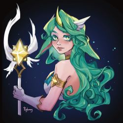 Rule 34 | 1girl, animal ears, bare shoulders, black background, blush, cropped torso, from side, gem, gloves, green eyes, green hair, head wings, highres, holding, holding staff, horns, league of legends, long hair, looking at viewer, looking to the side, peghmey, shiny skin, single horn, solo, soraka (league of legends), staff, star (symbol), star guardian (league of legends), star guardian soraka, starry background, upper body, white gloves, wings