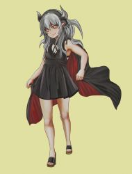 Rule 34 | 1girl, aruman, bad id, bad pixiv id, black bra, black cape, black dress, black sclera, bra, cape, colored sclera, dress, fang, female focus, full body, grey hair, hairband, highres, horns, looking at viewer, orange eyes, original, pointy ears, sandals, shiny skin, simple background, smile, solo, standing, underwear, vampire, yellow background, yellow footwear