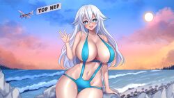 Rule 34 | 1girl, aqua eyes, arm up, beach, bikini, black heart (neptunia), blush, breasts, choujigen game neptune, cloud, dimension252525, hair between eyes, highres, large breasts, long hair, looking at viewer, midriff, navel, neptune (series), noire (neptunia), open mouth, outdoors, shiny skin, sitting, sky, smile, stomach, sun, sunlight, swimsuit, symbol-shaped pupils, white hair