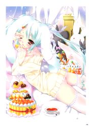 Rule 34 | 1girl, absurdres, arched back, ass, bed, cake, candy, copyright request, cup, dress, feet, food, frilled thighhighs, frills, green hair, highres, kamiya maneki, lying, macaron, on stomach, red eyes, scan, solo, stuffed animal, stuffed rabbit, stuffed toy, sweater, sweater dress, teacup, thighhighs, tiered tray