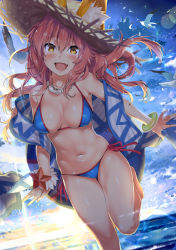 Rule 34 | 10s, 1girl, animal ear fluff, animal ears, bare shoulders, beach, bikini, bird, blue bikini, blue sky, blush, bracelet, breasts, cleavage, collarbone, commentary request, ears through headwear, fate/extra, fate/grand order, fate (series), fox ears, fox tail, hair between eyes, halterneck, hat, highres, hip focus, innertube, jewelry, kawai (purplrpouni), large breasts, long hair, looking at viewer, navel, necklace, ocean, open mouth, outdoors, pink hair, sash, seagull, side-tie bikini bottom, sky, smile, solo, string bikini, sun hat, sunlight, swim ring, swimsuit, tail, tamamo (fate), tamamo no mae (fate/extra), tamamo no mae (swimsuit lancer) (fate), tamamo no mae (swimsuit lancer) (second ascension) (fate), thighs, yellow eyes