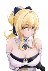 Rule 34 | 1girl, absurdres, baige0, bare shoulders, black bow, black gloves, blonde hair, blue eyes, bow, breasts, brooch, cleavage, commentary request, covered erect nipples, cross, detached collar, detached sleeves, genshin impact, gloves, hair between eyes, hair bow, highres, jean (genshin impact), jewelry, large breasts, long hair, looking at viewer, ponytail, shirt, simple background, solo, strapless, strapless shirt, upper body, white background, white shirt