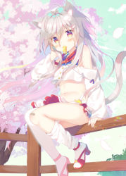 Rule 34 | 1girl, animal ear fluff, animal ears, arm support, blush, cat ears, cat girl, cat tail, cloud, commentary request, day, fence, flower, frilled skirt, frills, green sky, grey hair, hair between eyes, hand up, high heels, kneehighs, long hair, long sleeves, mouth hold, navel, off-shoulder shirt, off shoulder, original, outdoors, petals, pink flower, red eyes, red footwear, shirt, shoes, single kneehigh, single sock, single thighhigh, sitting, skirt, sky, sleeves past wrists, socks, solo, tail, thighhighs, tree, very long hair, white shirt, white skirt, white socks, yuizaki kazuya