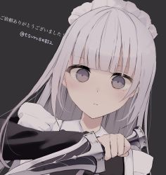 Rule 34 | 1girl, bad id, bad twitter id, black dress, blunt bangs, blush, closed mouth, collared dress, commentary request, dagger, dress, frills, grey background, grey eyes, grey hair, highres, holding, holding dagger, holding knife, holding weapon, knife, long hair, long sleeves, looking at viewer, maid, maid headdress, original, simple background, solo, translation request, tsuruse, twitter username, upper body, weapon