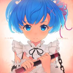 Rule 34 | 1girl, bad id, bad pixiv id, blue eyes, blue hair, blush, breasts, commentary request, detached sleeves, dot nose, face, hair ornament, hair over one eye, hair ribbon, highres, holding, holding weapon, looking at viewer, maid, maid headdress, neck ribbon, pink ribbon, re:zero kara hajimeru isekai seikatsu, rem (re:zero), ribbon, short hair, smile, solo, tihoro1609, translation request, weapon, x hair ornament