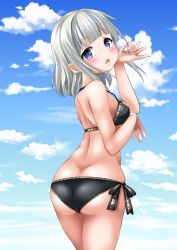 Rule 34 | 1girl, ass, bikini, black bikini, blue eyes, blue sky, blunt bangs, butt crack, cloud, commentary request, cowboy shot, day, from behind, highres, holding, holding own hair, kaze makase, looking at viewer, looking back, open mouth, original, short hair, side-tie bikini bottom, silver hair, sky, solo, standing, swimsuit