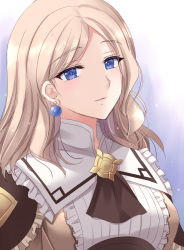 Rule 34 | 1girl, ascot, black ascot, blonde hair, blue eyes, breasts, commentary, earrings, fire emblem, fire emblem: three houses, fire emblem warriors, fire emblem warriors: three hopes, frills, jewelry, kirishima riona, long hair, looking at viewer, medium breasts, mercedes von martritz, nintendo, official alternate costume, official alternate hairstyle, solo, upper body
