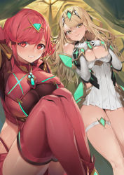 Rule 34 | 2girls, absurdres, bare shoulders, blonde hair, blush, breasts, chest jewel, cleavage, cleavage cutout, clothing cutout, dress, earrings, elbow gloves, gem, gloves, hands on own chest, highres, jam (nandade), jewelry, large breasts, long hair, looking at viewer, multiple girls, mythra (xenoblade), pyra (xenoblade), red eyes, red hair, red legwear, short dress, short hair, smile, swept bangs, thigh strap, thighhighs, thighs, tiara, white dress, white gloves, xenoblade chronicles (series), xenoblade chronicles 2, yellow eyes