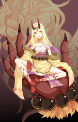 Rule 34 | 1girl, absurdres, black nails, blonde hair, breasts, earrings, facial mark, fate/grand order, fate (series), fingernails, forehead mark, full body, fuuko chan, highres, horns, ibaraki douji (fate), japanese clothes, jewelry, kimono, long hair, nail polish, off shoulder, oni, oni horns, pointy ears, sharp fingernails, sitting, small breasts, solo, tattoo, wide sleeves, yellow eyes, yellow kimono
