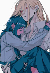 Rule 34 | 2girls, absurdres, aqua hair, aqua neckerchief, aqua sailor collar, aqua skirt, arms around neck, blonde hair, blush stickers, carrying, carrying person, closed eyes, closed mouth, collared shirt, colored skin, commentary request, fingernails, grey shirt, hair between eyes, highres, hug, long bangs, long fingernails, long hair, long skirt, long sleeves, medium hair, multiple girls, naotin3333, neckerchief, open collar, original, pink eyes, pink skin, princess carry, profile, sailor collar, sharp fingernails, shirt, simple background, skirt, slit pupils, smile, unfinished, white background, white shirt
