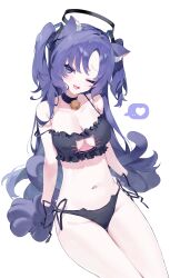 Rule 34 | 1girl, absurdres, animal ear fluff, animal ears, animal hands, bell, black bra, black panties, blue archive, blush, bra, breasts, cat cutout, cat ears, cat lingerie, choker, cleavage, cleavage cutout, clothing cutout, collarbone, frilled bra, frills, gloves, halo, highres, large breasts, long hair, looking at viewer, meme attire, meunhongcha, navel, neck bell, one eye closed, open mouth, panties, paw gloves, purple eyes, purple hair, side-tie panties, simple background, solo, thighs, two side up, underwear, yuuka (blue archive)