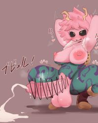 Rule 34 | 1girl, ahegao, ashido mina, bar censor, black sclera, blush, boku no hero academia, breasts, censored, colored sclera, colored skin, cum, ejaculation, futanari, highres, horns, huge penis, large breasts, penis, pink hair, pink skin, pointless censoring, short hair, solo, squatting, testicles, torn clothes, yellow eyes, zkky2nd