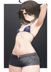 Rule 34 | 1girl, ahoge, arm behind head, armpits, bikini, bikini top only, black background, black shorts, blue bikini, blush, borrowed character, breasts, brown hair, cowboy shot, hair ornament, hair over one eye, hairclip, highres, looking at viewer, mikoscrub, navel, original, parted lips, rinni (naoillus), shorts, small breasts, solo, swimsuit, two-tone background, white background