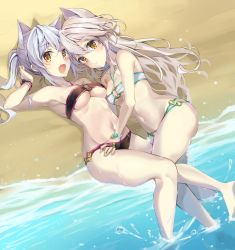 Rule 34 | 2girls, :d, armpits, ass, bad id, bad pixiv id, bare arms, bare legs, bare shoulders, beach, bikini, black bikini, breasts, character request, cleavage, collarbone, commentary, day, elsword, eve (elsword), expressionless, facial mark, from above, groin, halterneck, halterneck, hand under clothes, hand under swimsuit, highres, long hair, looking at viewer, lying, medium breasts, midriff, multiple girls, navel, o-ring, o-ring bikini, o-ring bottom, o-ring top, ocean, on back, on side, open mouth, outdoors, pinb, ponytail, silver hair, slit pupils, smile, stomach, swimsuit, symbol-only commentary, thighs, underboob, water, white bikini, yellow eyes