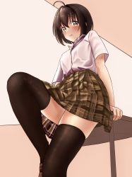Rule 34 | 1girl, absurdres, ahoge, arm support, beige background, black hair, black thighhighs, blush, brown footwear, brown skirt, closed mouth, collared shirt, commentary request, desk, dress shirt, feet out of frame, from below, hair between eyes, highres, idolmaster, idolmaster cinderella girls, kohinata miho, leg up, looking at viewer, looking down, miniskirt, on desk, orange background, plaid, plaid skirt, pleated skirt, school desk, school uniform, shirt, shirt tucked in, shoes, short hair, short sleeves, sitting, on desk, skindentation, skirt, smile, solo, thighhighs, two-tone background, viq, white shirt, yellow eyes