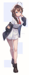 Rule 34 | 1girl, ahoge, artist name, beret, blue eyes, blush, boots, braid, brown footwear, brown hair, closed mouth, dress, full body, hair between eyes, hair flaps, hat, kantai collection, long hair, long sleeves, looking at viewer, necktie, red necktie, shigure (kancolle), shigure kai ni (kancolle), signature, single braid, solo, white dress, white hat, wss (nicoseiga19993411)