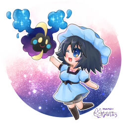 1girl :3 black_footwear black_hair blue_dress blue_eyes blue_hat blush chibi closed_mouth commentary_request cosmog creatures_(company) crossover dress game_freak gen_7_pokemon hat legendary_pokemon nanahou_(togawa_togame) nintendo one_eye_closed open_mouth pokemon pokemon_(creature) shiina_mayuri short_hair signature smile sparkle star_(symbol) steins;gate