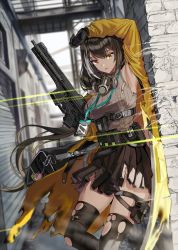 Rule 34 | 1girl, arm up, armpits, black gloves, black hair, black thighhighs, blurry, blurry background, breasts, building, colt 9mm smg, floating hair, gas mask, girls&#039; frontline, gloves, gun, hand up, headset, heterochromia, highres, holding, holding gun, holding weapon, id card, lanyard, large breasts, long hair, long sleeves, looking at viewer, mask, miniskirt, mod3 (girls&#039; frontline), multicolored hair, noveske space invader, open clothes, parted lips, pleated skirt, ro635 (girls&#039; frontline), ro635 (mod3) (girls&#039; frontline), silence girl, skirt, sleeveless, solo, standing, streaked hair, submachine gun, thighhighs, thighs, torn clothes, torn skirt, torn thighhighs, very long hair, weapon, yellow eyes