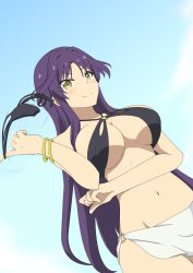 Rule 34 | 10s, 1girl, bare shoulders, bikini, black bikini, bottomless, breasts, cleavage, collarbone, criss-cross halter, goshouin kyou, halterneck, halterneck, highres, holding, holding clothes, holding panties, holding underwear, large breasts, long hair, navel, netoge no yome wa onna no ko janai to omotta?, o-ring, o-ring bikini, panties, purple hair, sarong, smile, solo, standing, swimsuit, swinging, underboob, underwear, very long hair, yellow eyes