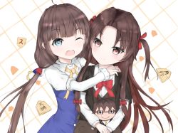 Rule 34 | 10s, 2girls, ;d, ahoge, bad id, bad pixiv id, black jacket, blue dress, blush, board game, bow, bowtie, brown eyes, brown hair, brown skirt, character doll, closed mouth, collarbone, commentary request, dress, glasses, hair ribbon, hanagin, head tilt, hinatsuru ai, hug, jacket, layered sleeves, long hair, long sleeves, low twintails, multiple girls, no headwear, one eye closed, open mouth, parted bangs, puffy short sleeves, puffy sleeves, red neckwear, red ribbon, ribbon, ryuuou no oshigoto!, school uniform, shirt, shogi, short over long sleeves, short sleeves, skirt, smile, twintails, two side up, very long hair, white shirt, yashajin ai