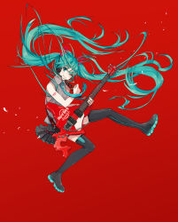 Rule 34 | 1girl, ;), alternate color, alternate nail color, bare arms, black nails, black skirt, blue eyes, blue hair, commentary request, electric guitar, fingernails, floating hair, full body, grey shirt, guitar, happy, hatsune miku, highres, holding, holding instrument, instrument, ixima, jumping, long hair, music, nail polish, one eye closed, pin, playing instrument, plectrum, red background, shirt, shoulder tattoo, simple background, skirt, sleeveless, sleeveless shirt, smile, solo, spread legs, tattoo, thighhighs, thighs, twintails, very long hair, vocaloid