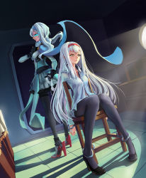 Rule 34 | 10s, 2girls, abyssal ship, bdsm, bondage, bound, chair, character request, cuffs, dress shirt, femdom, glowing, glowing eye, hand in another&#039;s hair, handcuffs, headband, highres, kantai collection, long hair, multiple girls, pantyhose, restrained, shirt, shoukaku (kancolle), sima naoteng, skirt, smile, tears, unbuttoned, white hair, wo-class aircraft carrier, yellow eyes