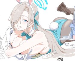 Rule 34 | 1girl, animal ears, ass, asuna (blue archive), asuna (bunny) (blue archive), blue archive, blue eyes, blue halo, blue ribbon, breasts, brown hair, brown pantyhose, clearite, cleavage, clenched teeth, fake animal ears, fake tail, gloves, hair ribbon, halo, large breasts, leotard, long hair, looking at viewer, lying, official alternate costume, on stomach, pantyhose, playboy bunny, rabbit ears, rabbit tail, ribbon, simple background, smile, solo, tail, teeth, toes, v, white background, white gloves