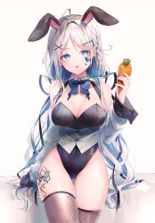 Rule 34 | 1girl, absurdres, ahoge, animal ears, bad id, bad pixiv id, bare hips, bare shoulders, black leotard, blue bow, blue bowtie, blue eyes, blue hair, blue nails, blush, bow, bowtie, braid, breasts, brown thighhighs, carrot, cleavage, collarbone, covered navel, earrings, facial mark, fake animal ears, food, grey jacket, hair ornament, hairclip, highleg, highleg leotard, highres, holding, holding food, jacket, jewelry, leg tattoo, leotard, leotard under clothes, long sleeves, looking at viewer, medium breasts, multicolored hair, nail polish, naru 0, off shoulder, open clothes, open jacket, original, parted lips, playboy bunny, rabbit ears, silver hair, simple background, solo, tattoo, thigh gap, thighhighs, thighs, twitter username, two-tone hair, white background