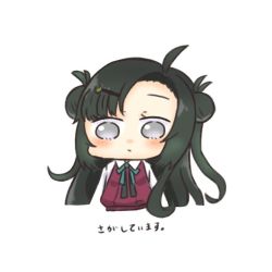 Rule 34 | 1girl, black hair, commentary request, double bun, dress, hair bun, hair ornament, hairclip, halterneck, kantai collection, karin., long hair, long sleeves, makinami (kancolle), purple dress, school uniform, shirt, simple background, solo, translation request, upper body, white background, white shirt