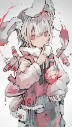 Rule 34 | 1boy, absurdres, aiamu iamu, animal ear fluff, animal ears, artist name, egg, finger to mouth, grey background, highres, long sleeves, original, paint, paintbrush, palette (object), rabbit ears, rabbit tail, short hair, signature, simple background, tail, white hair