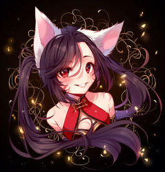 Rule 34 | 1girl, animal ears, artist name, bare shoulders, black background, black hair, blush, borrowed character, cat ears, collarbone, commission, facial mark, hyanna-natsu, light particles, lips, long hair, looking at viewer, original, red eyes, simple background, solo, swept bangs, tareme, twintails, upper body, whisker markings