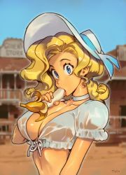 Rule 34 | 1girl, artist name, banana, blonde hair, blue eyes, blue ribbon, blurry, blurry background, breasts, choker, commentary, cowboy western, earrings, english commentary, fellatio, food, fruit, hat, hat ribbon, jewelry, juliona trans, large breasts, long hair, looking at viewer, no bra, optionaltypo, oral, phallic symbol, ribbon, see-through, sexually suggestive, shirt, short sleeves, simulated fellatio, solo, stud earrings, sun hat, tongue, tongue out, upper body, wavy hair, white choker, white hat, white shirt, wild wet west