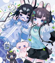 Rule 34 | 2girls, absurdres, animal ears, backpack, bag, black bag, black cat, black hair, black legwear, black shorts, blue background, blue eyes, blue jacket, blue pants, blunt bangs, blush, bow, bowtie, brown hair, cat, cellphone, coat, commentary request, cotono (nazekun), cowboy shot, dog, dog ears, feet out of frame, glasses, green bow, green bowtie, green eyes, green vest, hair ornament, hairclip, highres, jacket, leaf hair ornament, looking at viewer, multiple girls, notebook, open clothes, open coat, open mouth, original, pants, patterned background, phone, plaid, plaid pants, rabbit ears, rabbit hair ornament, shirt, short hair, shorts, single bang, sleeves past fingers, sleeves past wrists, thighhighs, vest, white coat, white shirt