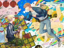 Rule 34 | 10s, 2boys, aircraft, airplane, blonde hair, blue eyes, blue jacket, bomber jacket, burger, cherry blossoms, denim, dog, drink, food, fork, fox, french fries, highres, hourglass, ivan karelin, jacket, jeans, jizou, john (tiger &amp; bunny), katana, keith goodman, kinata, lantern, letterman jacket, male focus, multiple boys, origami, outstretched hand, pants, paper airplane, purple eyes, purple jacket, rainbow, seiza, shoes, short hair, sitting, sneakers, string, string of fate, sword, tiger &amp; bunny, tree, weapon