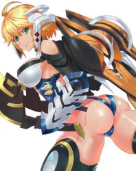 Rule 34 | 1girl, armor, ass, ass cutout, back, blonde hair, breasts, butt crack, clothing cutout, cyborg, fiora (xenoblade), green eyes, highres, ippo, large breasts, looking back, mecha-fiora, short hair, solo, white background, xenoblade chronicles (series), xenoblade chronicles 1