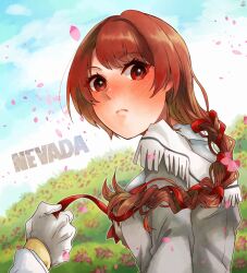 Rule 34 | 1boy, 1girl, blush, braid, brown hair, bush, character name, closed mouth, cloud, day, gloves, hair ribbon, highres, kantai collection, long hair, looking at viewer, nevada (kancolle), oeoeuhoho, petals, red eyes, red hair, red ribbon, ribbon, single braid, sky, solo focus, upper body, white gloves
