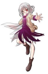 Rule 34 | 1girl, alphes (style), covering own mouth, dairi, dress, full body, hand on own face, hand over own mouth, highres, jacket, kishin sagume, parody, red eyes, short hair, silver hair, single wing, solo, style parody, touhou, transparent background, wings