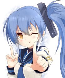 Rule 34 | 1girl, arashi (warship girls r), blue hair, erniang, hairband, highres, index finger raised, koi dance, looking at viewer, one eye closed, outstretched arm, sailor collar, side ponytail, simple background, smile, solo, tongue, tongue out, warship girls r, yellow eyes