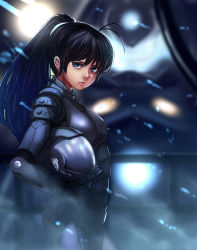 Rule 34 | 1girl, armor, blue eyes, body armor, bodysuit, bukimi isan, carrying, cosplay, crossover, drivesuit, earrings, ganaha hibiki, helmet, highres, idolmaster, idolmaster (classic), jewelry, legendary pictures, lips, mecha, pacific rim, pan pacific defense corps, ponytail, robot, serious, solo