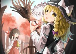 Rule 34 | 2girls, absurdres, apple, black headwear, blonde hair, bow, braid, bright pupils, broom, brown eyes, brown hair, commentary, detached sleeves, food, fruit, hair bow, hair tubes, hakurei reimu, hat, hat bow, highres, holding, holding food, holding fruit, kirisame marisa, long sleeves, looking at viewer, looking back, medium hair, multiple girls, outdoors, red apple, red bow, red skirt, ribbon-trimmed sleeves, ribbon trim, side braid, sidelocks, single braid, skirt, spam (spamham4506), symbol-only commentary, touhou, white bow, white pupils, yellow eyes