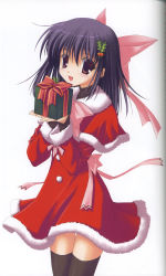 Rule 34 | 1girl, :d, absurdres, black thighhighs, capelet, christmas, gift, hair ornament, highres, holding, holding gift, holly, holly hair ornament, looking at viewer, nanao naru, open mouth, original, pink eyes, purple hair, santa costume, scan, simple background, smile, solo, texture, thighhighs, white background, zettai ryouiki