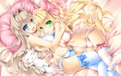 Rule 34 | 2girls, :d, animal, antenna hair, bare arms, bare shoulders, bed, blonde hair, blue bow, blue bra, blue eyes, blue panties, blue thighhighs, blush, bow, bow bra, bow panties, bra, braid, breasts, cat, closed eyes, commentary request, green eyes, hair between eyes, hair bow, hair intakes, highres, hug, kamiya tomoe, large breasts, light brown hair, long hair, lying, multiple girls, navel, on back, on side, open mouth, original, panties, pillow, pink bow, pink bra, pink panties, red bow, ribbon-trimmed bra, ribbon-trimmed panties, ribbon trim, smile, striped clothes, striped legwear, striped thighhighs, thighhighs, twintails, underwear, underwear only, very long hair